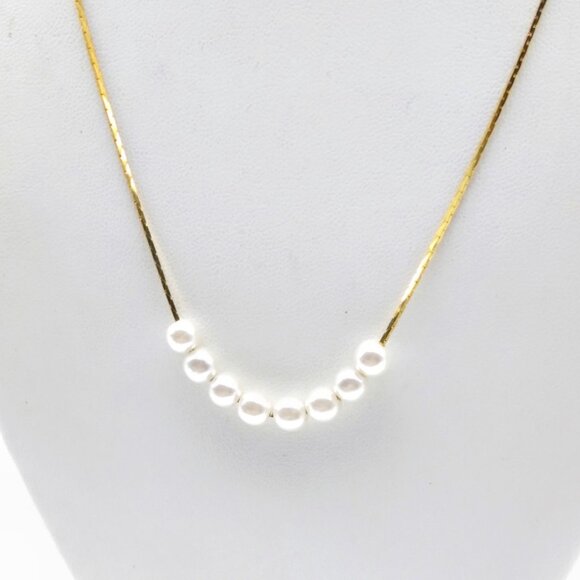 Vintage Gold Tone Slide Bib Necklace, Faux Pearls on Delicate Chain - Picture 3 of 4